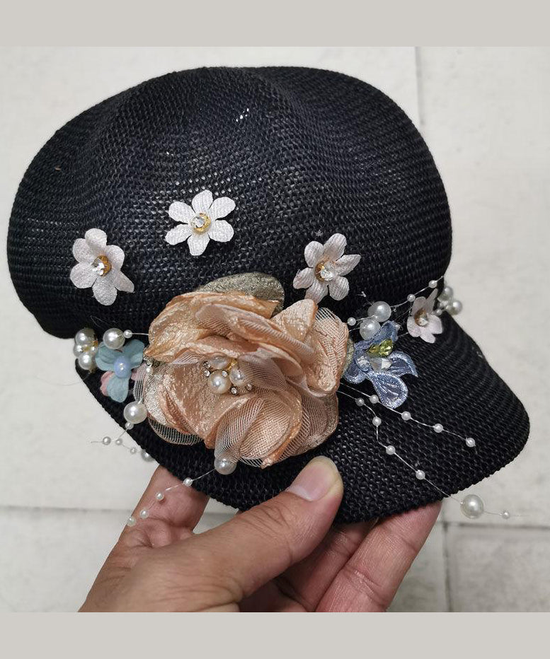 Original New Pink Grass Weaving Breathable Pearl Flower Hat