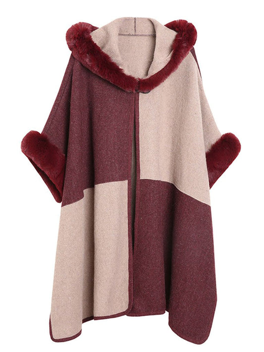 Women's Poncho Cape Faux Fur Hooded Plaid Cape Coat