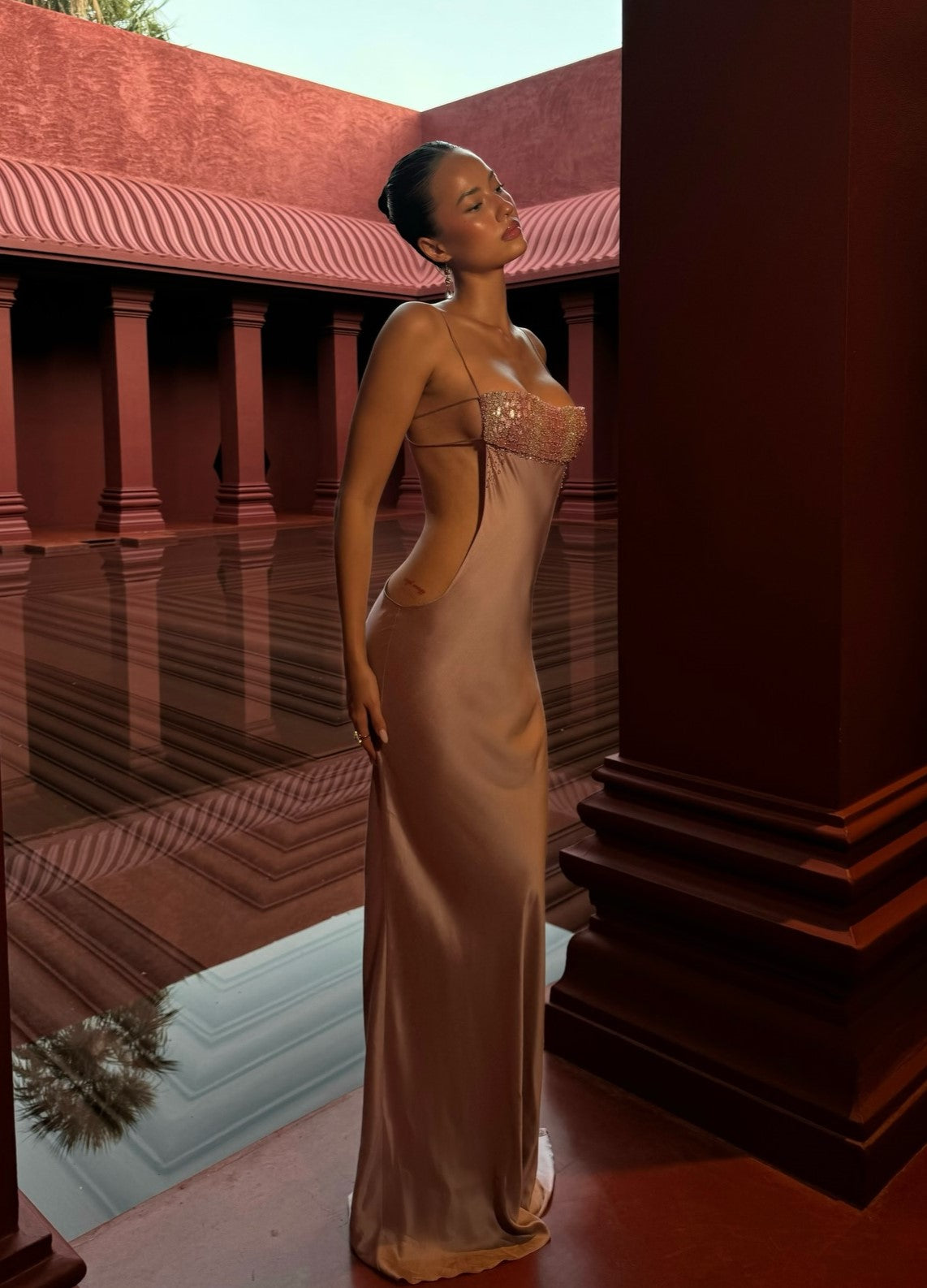 Dusty Rose Satin Beaded Cutout Maxi Gown