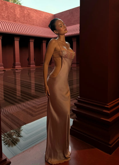 Dusty Rose Satin Beaded Cutout Maxi Gown