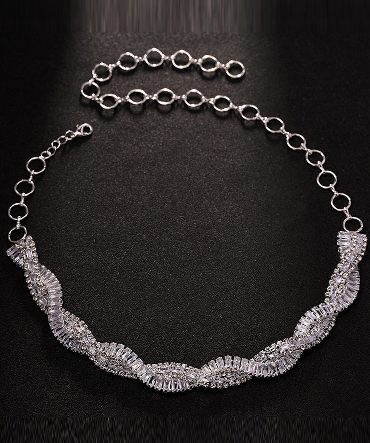 Original Design Silvery Zircon Crossover Design Collar Necklace