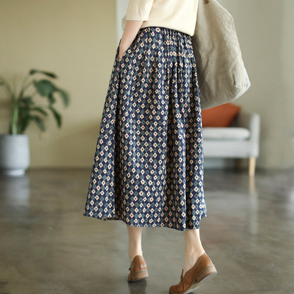 Cozy Loose Retro Print Cotton Linen A-Line Skirt