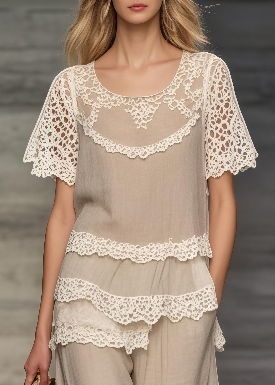 Women Khaki Asymmetrical Patchwork Lace Two Pieces Set Summer