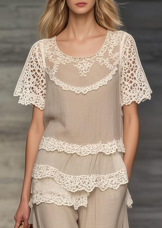 Women Khaki Asymmetrical Patchwork Lace Two Pieces Set Summer