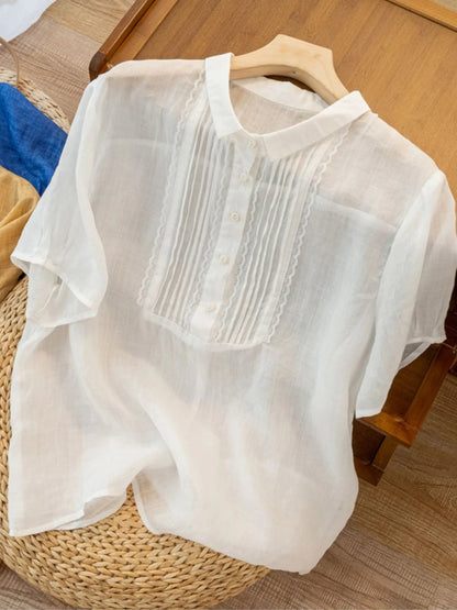 Solid Color Short Sleeve Casual Linen Pleated Top