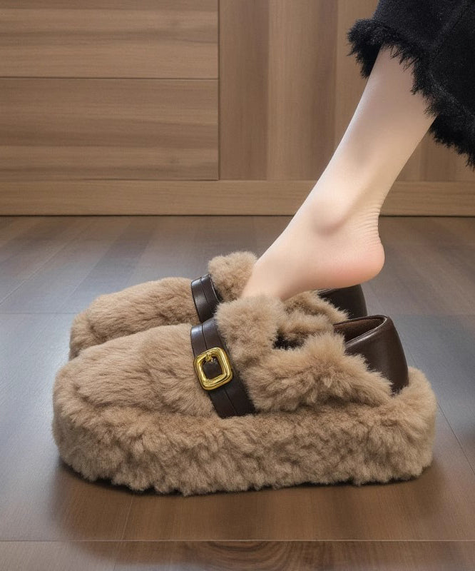 Casual Khaki Fuzzy Fur Fluffy Splicing Platform Flat Shoes