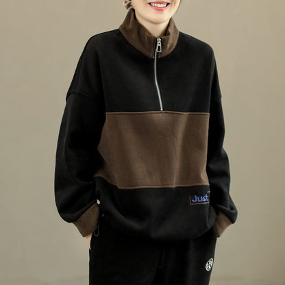 Winter Color Matching Patchwork Zipper Loose Furred Sweater