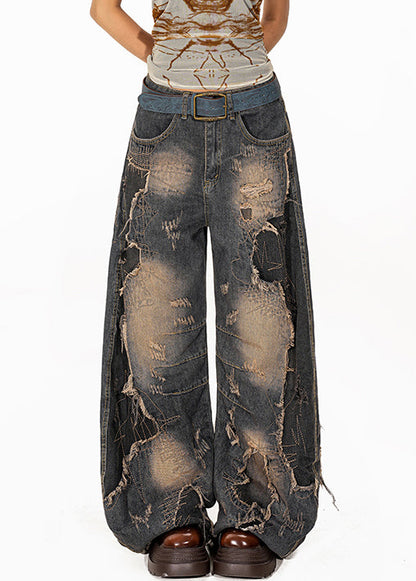 Vintage Denim Blue Pockets High Waist Ripped Jeans Fall