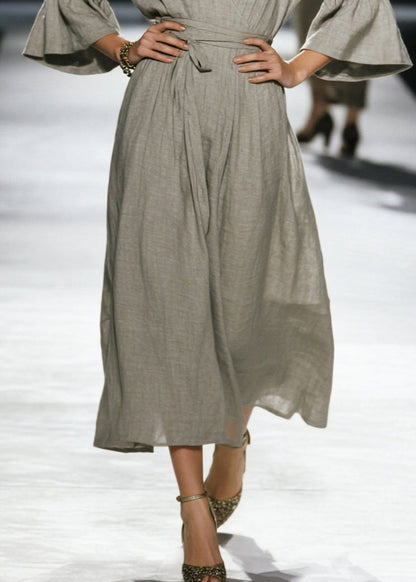 Plus Size Grey Cinched Linen Robe Dresses Flare Sleeve