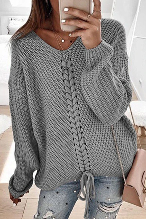 Solid Color Drawstring Knitted Sweater