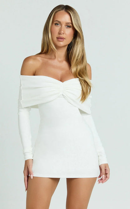 Rani Mini Dress Off Shoulder Long Sleeve Bodycon Dress In Off White