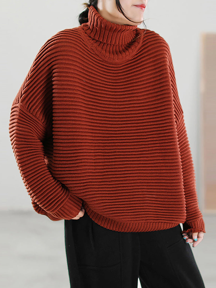 Women Highneck Solid Color Knitted Loose Long Sleeve Sweater