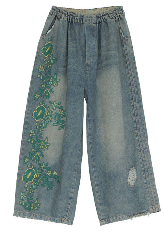 Vintage Blue Embroideried Cotton Ripped Jeans Pants Fall