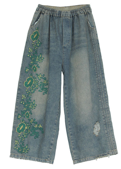 Vintage Blue Embroideried Cotton Ripped Jeans Pants Fall