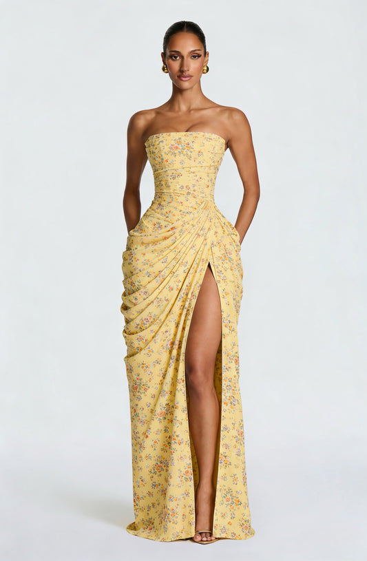 Butter Yellow Strapless Ruched Floral Print High-Slit Maxi Gown