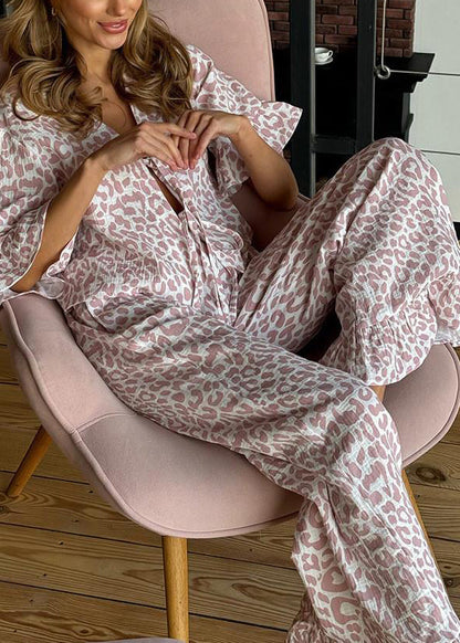 Women Purple Leopard Print Lace Up Cotton Pajama Sets Summer