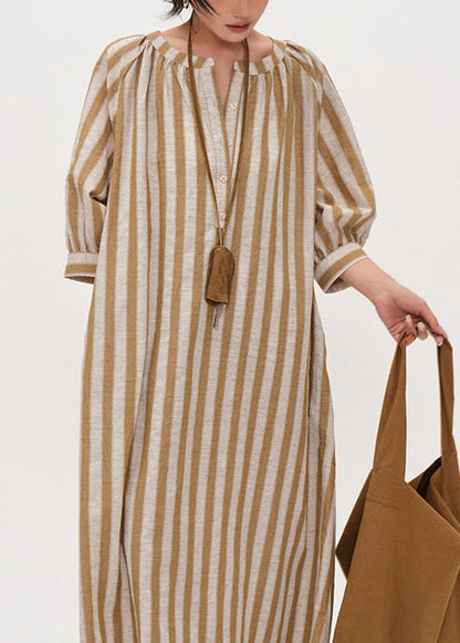 DIY Yellow Oversized Striped Linen Maxi Dress Bracelet Sleeve