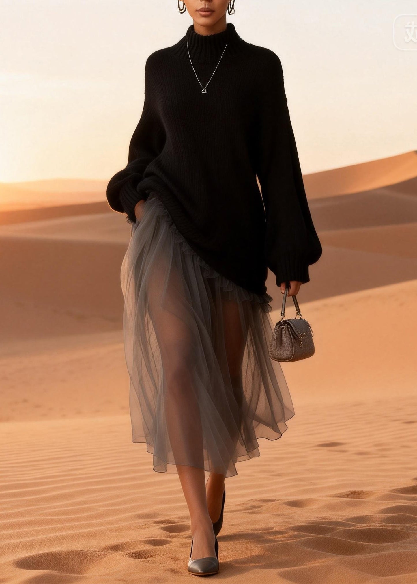 Women Black Turtleneck Knitted Cotton Patchwork Tulle Long Dresses Spring