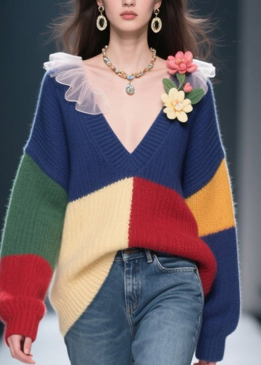 Plus Size Colorblock V Neck Floral Knit Sweaters Winter