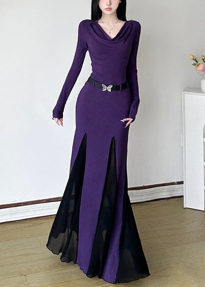 DIY Purple Turtle Neck Patchwork Cotton Party Dress Spring