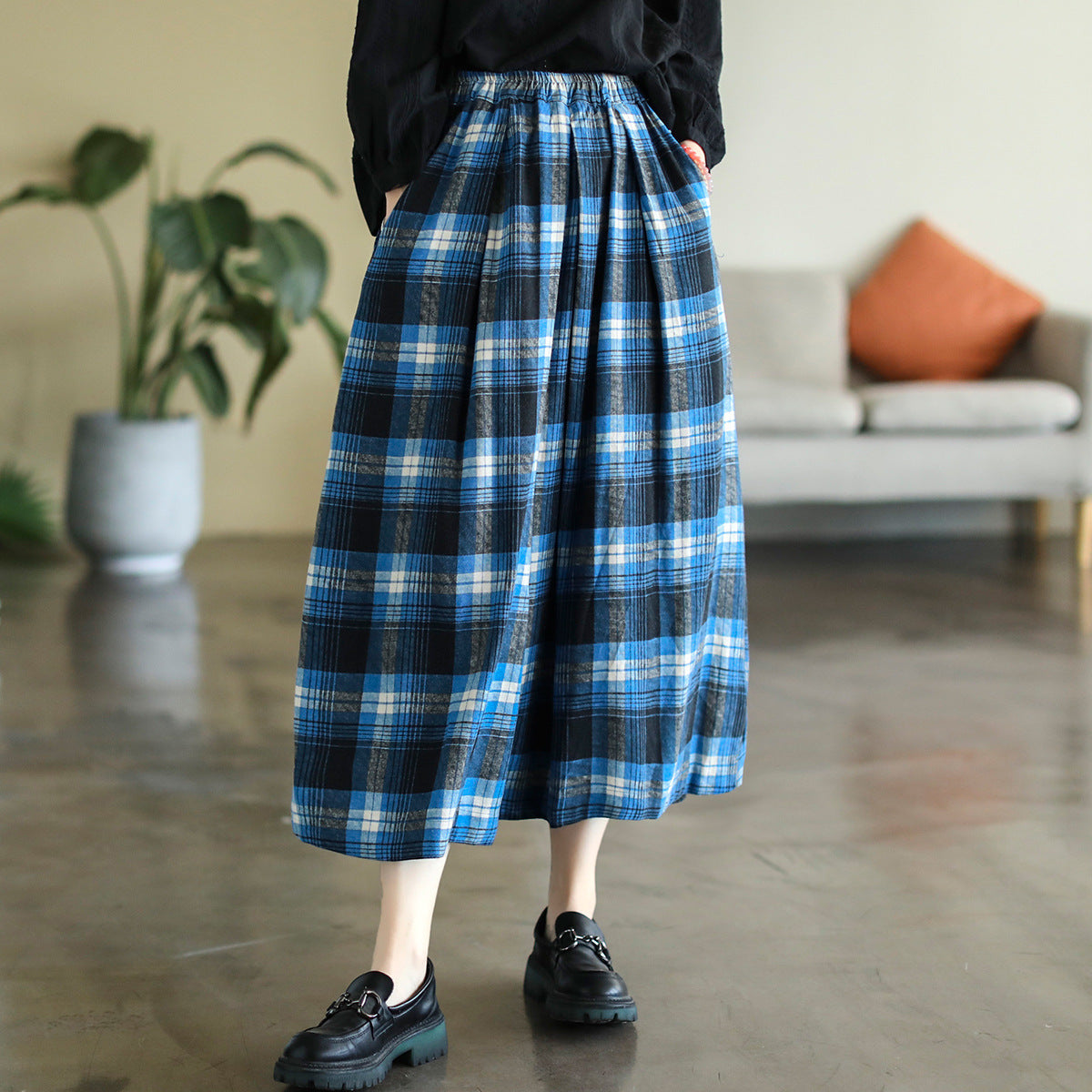 Vintage Cotton and Linen Check Elastic High Waist Plus Size A-Line Skirt