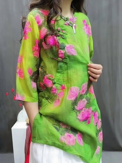 Handmade Gray apricot O-Neck Print Button Top Summer
