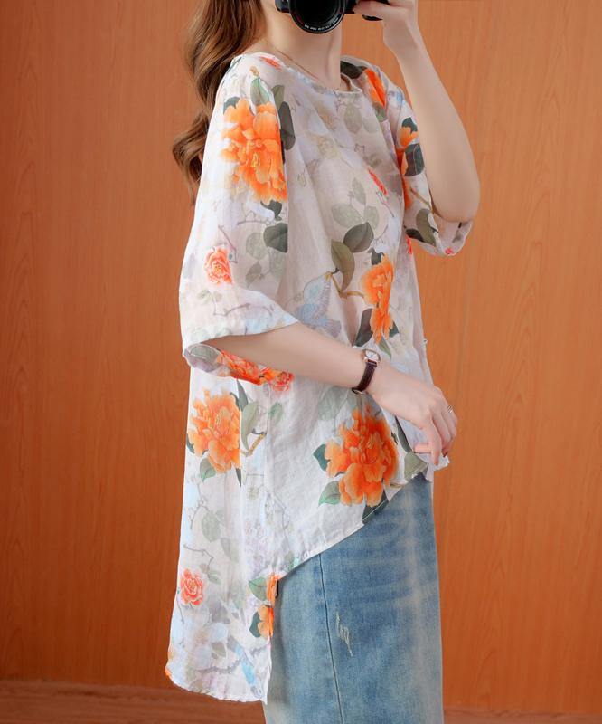 diy orange print clothes o neck asymmetric Art summer tops