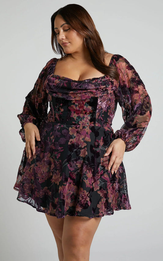Jessell Mini Dress - Long Sleeve Cowl Corset Dress In Burnt Out Floral