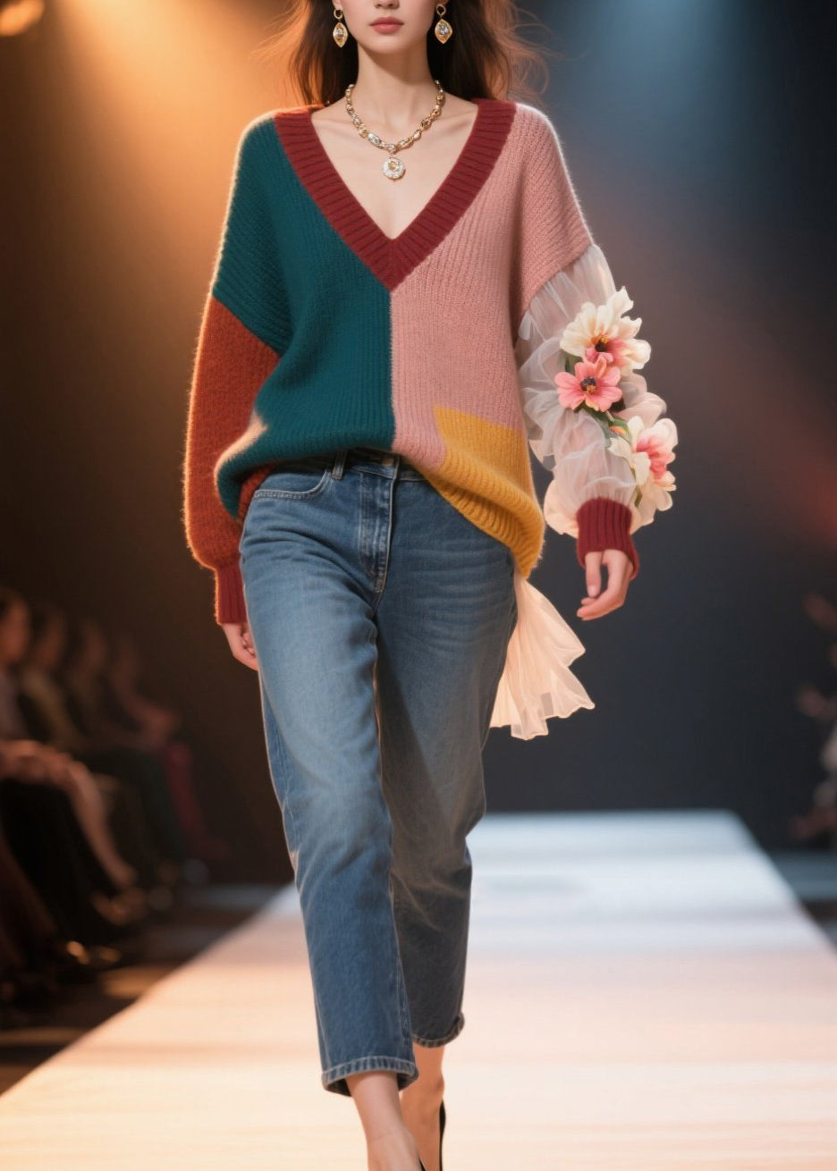 Bohemian Colorblock V Neck Floral Knit Short Sweater Fall