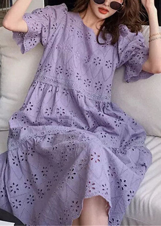 Fashion Purple Embroidered Hollow Out Patchwork Cotton Dress Puff Sleeve