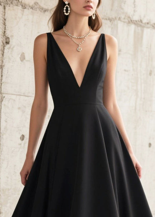 French Black Deep-V Neck Hollow Out Chiffon Long Dresses Summer
