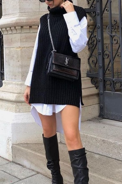Turndown Collar Sleeveless Casual Sweater