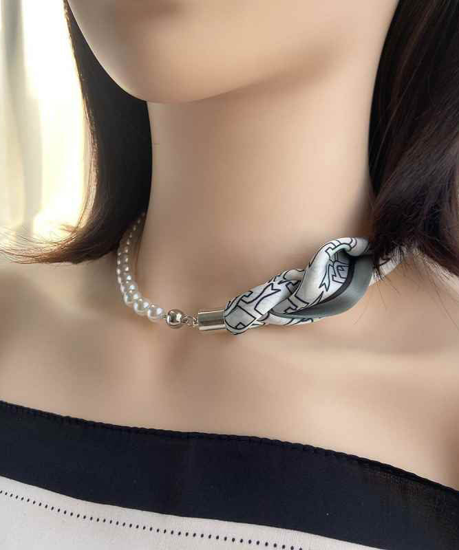 Modern Coffee Print Stainless Steel Scarf Patchwork Pearl Necklace