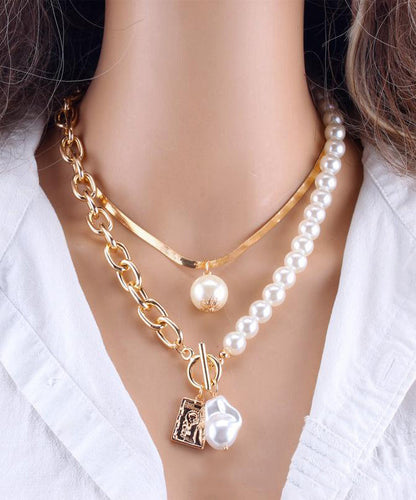 Fashion Gold Chain Pearl Necklace For Women Baroque Pearl Metal Two Piece Set