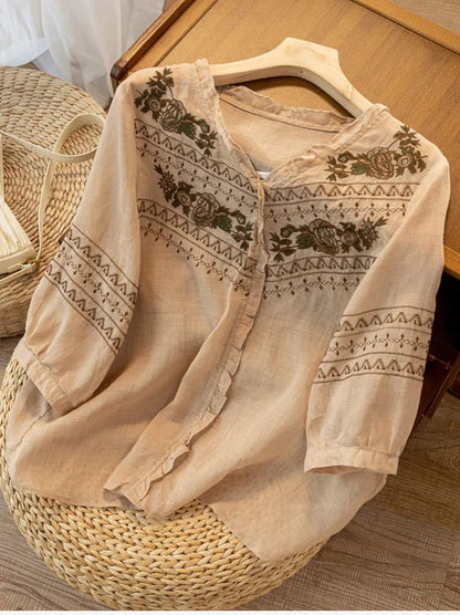 Embroidered Crew Neck 3/4 Sleeve Casual Linen Top