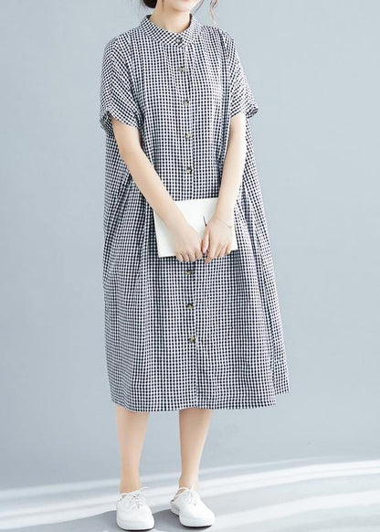 Plus Size Black White Plaid Cotton Pockets Summer Dress
