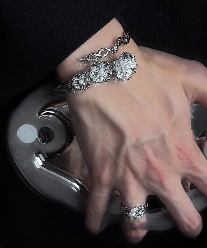 Fine Silk Sterling Silver Pearl Floral Asymmetrical Wrinkled Cross Cuff