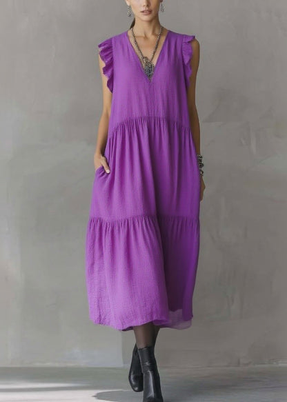 Women Purple V Neck Patchwork Party Solid Maxi Dress Butterfl Sleeve