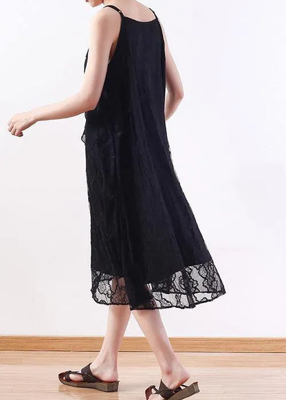 Elegant black Lace Tunics Fine design sleeveless Art summer Dresses