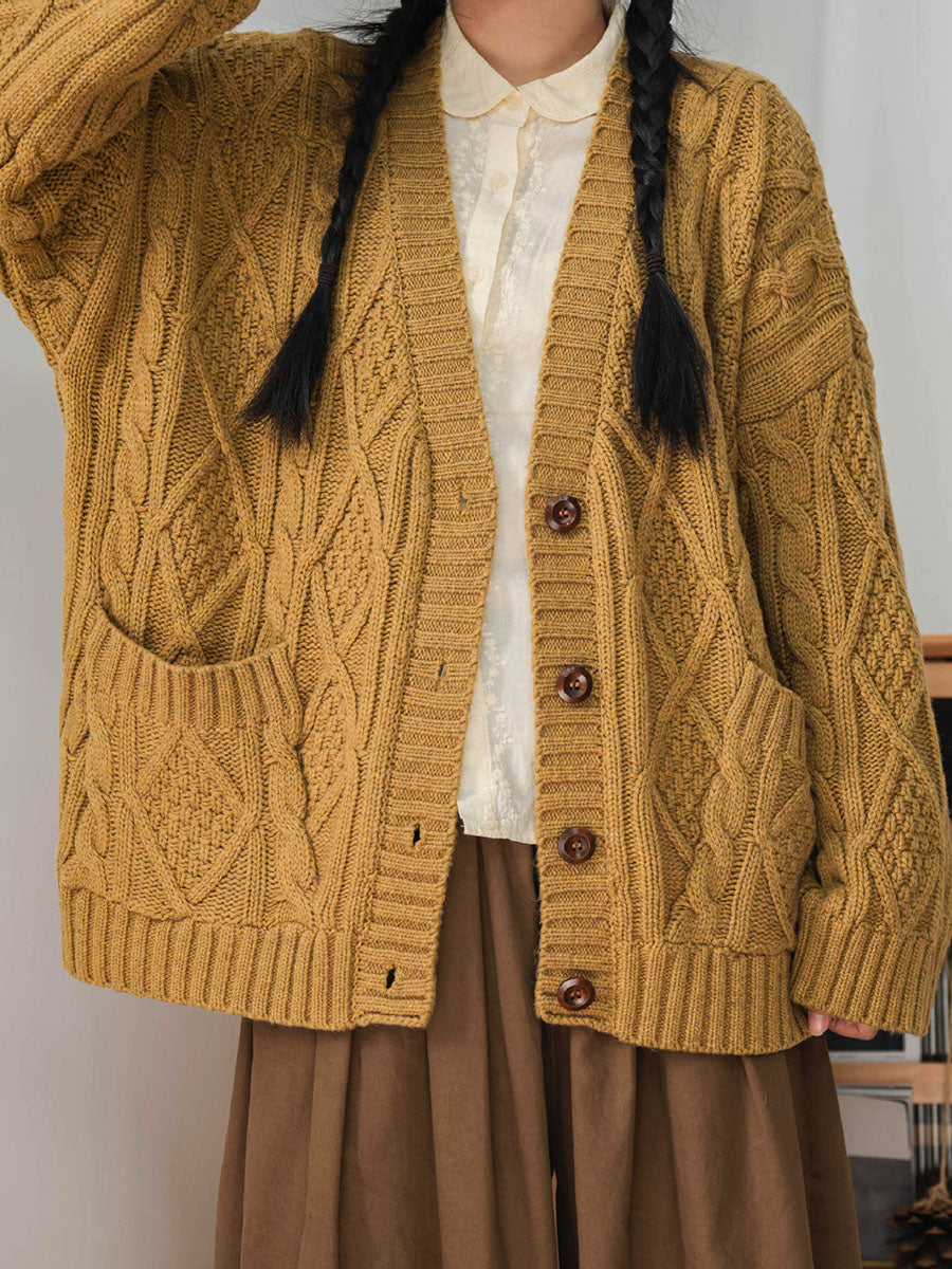 Women Winter Vintage Knitted Button Loose Sweater Cardigan