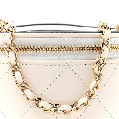 Lambskin Quilted Round Small Vanity Case With Chain White Black
