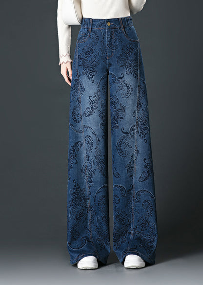 Fashion Blue Pockets Print High Waist Wide Leg Jeans Fall