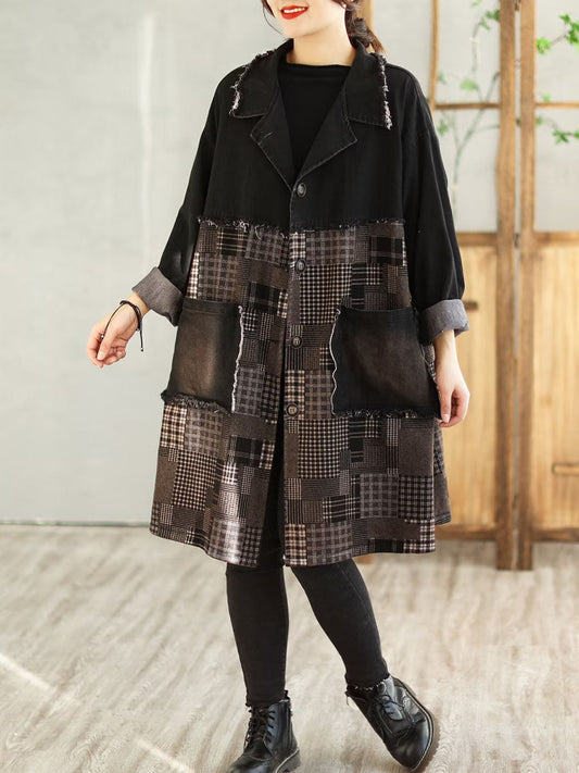 Women Spring Casual Spliced Plaid Pocket Denim Coat
