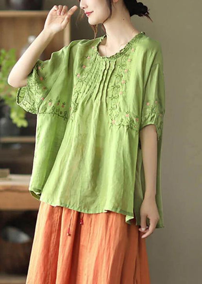 Women Green Floral Draped Ramie O-neck Embroidered Split T-shirt