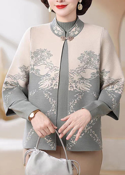 Chinese Style Blue Stand Collar Cotton Knit Cardigans And Sweater Two Pieces Set Fall