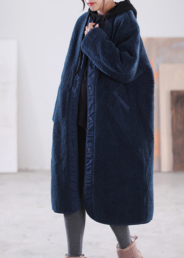 Loose Coffee O-Neck Patchwork Button Pockets  Faux Fur Coats Long Sleeve