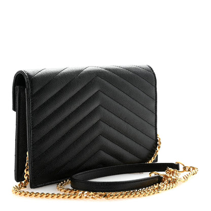 Grain De Poudre Matelasse Chevron Monogram Envelope Chain Wallet Black