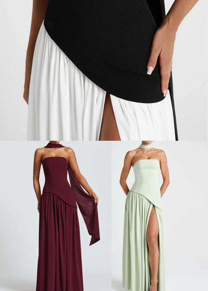 Chic Black White Patchwork Side Open Chiffon Party Dresses