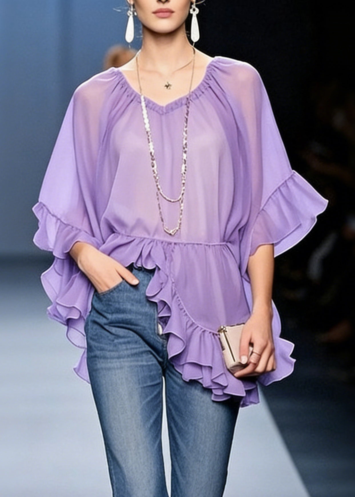 Women Purple Ruffled Solid Chiffon Shirt V Neck Half Sleeve