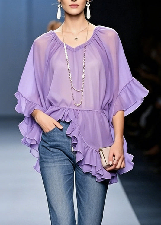 Women Purple Ruffled Solid Chiffon Shirt V Neck Half Sleeve
